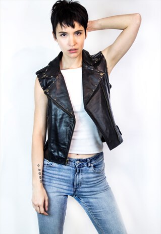 SLEEVES LEATHER BIKER JACKET WITH METAL STUDS