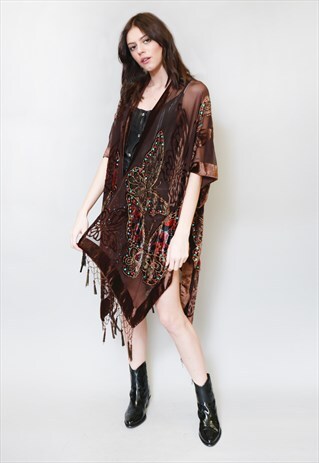 VINTAGE STYLE BROWN SILK VELVET BUTTERFLY FESTIVAL KIMONO