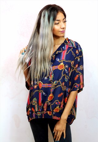 1990S VINTAGE BLUE SCARF CHAIN PRINT SILKY TOP