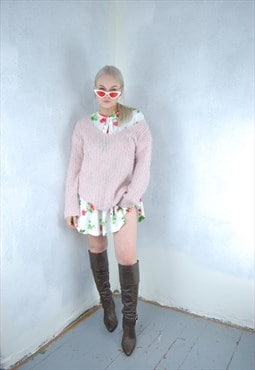 Vintage y2k crochet soft festival fluffy warm jumper pink