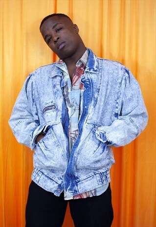 VINTAGE 80S DENIM JACKET BLUE BLEACHED ACID WASH UNISEX