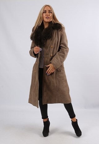 VINTAGE SHEEPSKIN SUEDE SHEARLING FITTED COAT UK 12 M (AJCG)