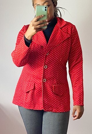 VINTAGE 70S RED WHITE POLKA DOT LIGHT JACKET DAGGER COLLAR