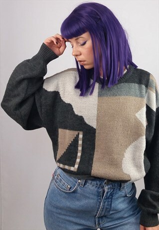 VINTAGE 80S UNISEX KNIT JUMPER/SWEATER GRAPHIC PRINT