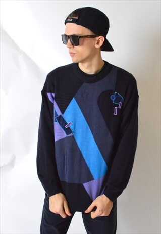 VINTAGE 90S COLOUR BLOCK DROP SHOULDER ABSTRACT KNIT JUMPER