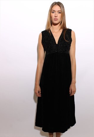 VINTAGE 1960'S 60'S BEADED BLACK VELVET EMPIRE MAXI GOWN S-M