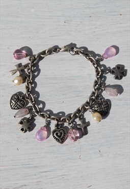 Stock y2k silver/pink/cream heart/cross charm chain bracelet