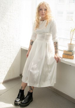 Vintage 70's White Satin Minimalist Midi Wedding Dress
