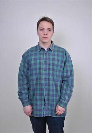 VINTAGE PLAID SHIRT, 90S BUTTON UP, MEN'S GREEN CHECK TOP