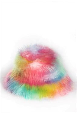 Festival faux fur bucket hat fluffy neon hat Gay rainbow cap