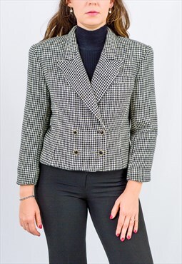 Vintage wool blazer cropped jacket women black white 90s L