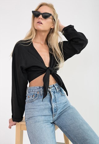 THEA LINEN TIE FRONT CROP TOP / LONG SLEEVE BLOUSE