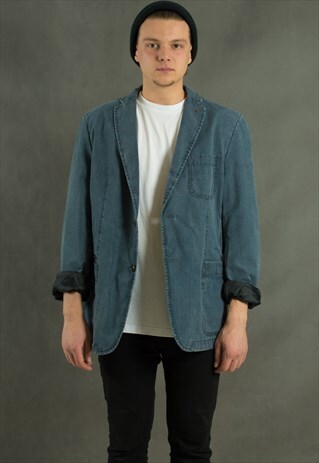 BLUE DENIM BLAZER, VINTAGE 90S MINIMALIST MENS CASUAL JACKET