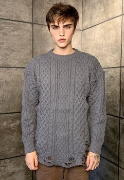 Ripped chunky sweater knitted distressed cable jumper grey