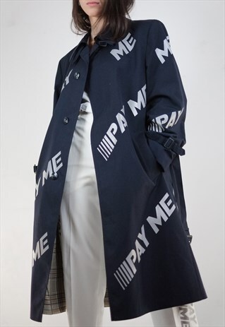 VINTAGE REWORKED REFLECTIVE NAVY PAY ME TRENCH COAT