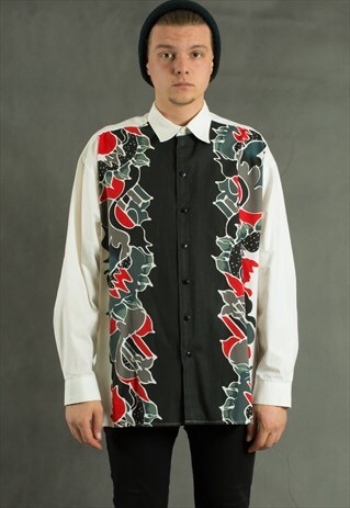 VINTAGE 90S LONG SLEEVE GRAPHIC PRINT MEN'S COLLAR SHIRT