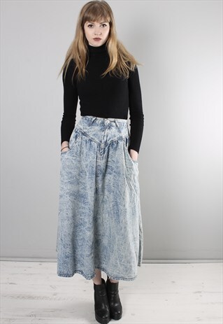 VINTAGE 80S HIGH WAISTED ACID WASH DENIM MIDI SKIRT