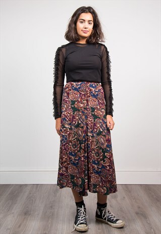 VINTAGE PAISLEY PATTERNED BOHO MIDI SKIRT