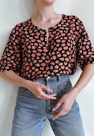 VINTAGE 80S DITSY FLORAL PATTERN HENLEY NECKLINE BLOUSE M