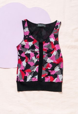 VINTAGE TOP Y2K WEIRD PRINT MESH TANK TOP IN PINK