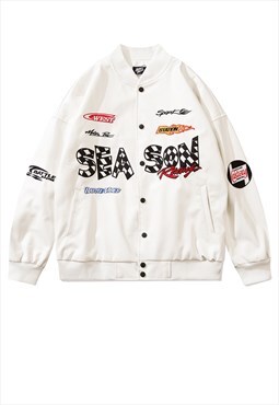 Faux leather varsity jacket Racing patch MA-1 bomber white