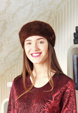 BROWN FURRY BERET HAT
