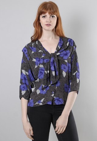 VINTAGE 80S FLORAL PATTERNED TIE NECK BUTTON BLOUSE TOP