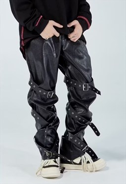 Faux leather jogger grunge utility buckle pants punk trouser