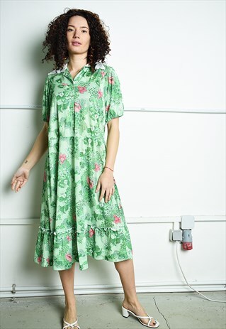 VINTAGE 80S RETRO FLORAL PRINT MAXI BOHO DRESS GREEN