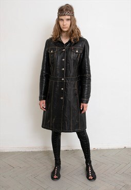 Vintage Miss Sixty Black Leather Trench Coat Blazer Jacket 9