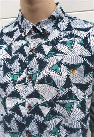 MENS VINTAGE 80S 90S FARAH SHIRT BLUE ABSTRACT 80S SHIRT
