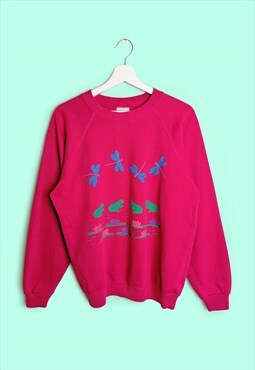 80's 90's HANES Sweatshirt Puff Print Frogs Dragonflies USA
