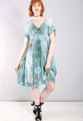VINTAGE 90S MINT GREEN BOHO PATTERNED TUNIC DRESS