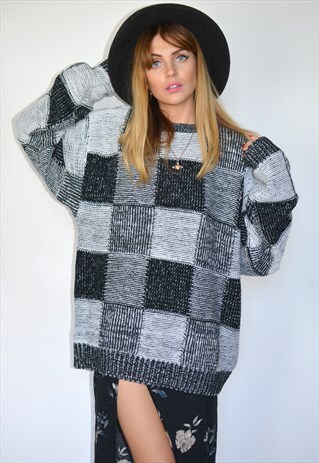 VINTAGE 90S BLACK & GREY OVERSIZED KNITTED GRANDAD JUMPER