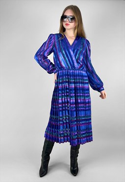 80's Lisa Michaels Vintage Ladies Blue Pleated Midi Dress