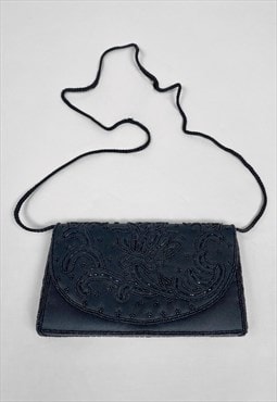 80's Vintage Black Fabric Beaded Clutch Evening Shoulder Bag