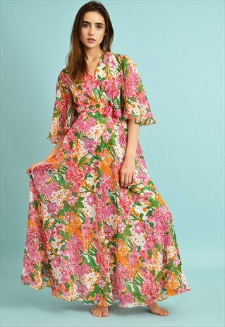 BEAUTIFUL VINTAGE 70'S RETRO FLORAL PRINT MAXI BOHO DRESS