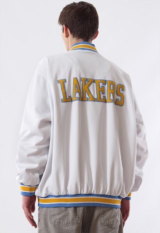 VINTAGE LAKERS HARDWOOD CLASSICS NBA BOMBER 90S WHITE