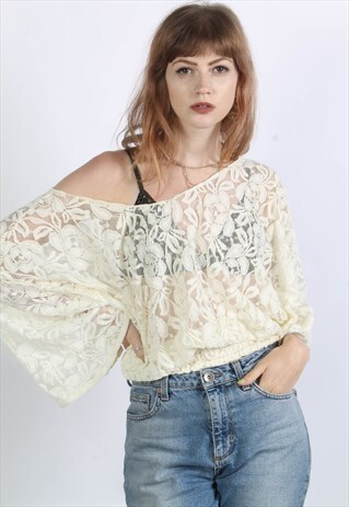 VINTAGE 80'S BLOUSE OFF SHOULDER FLORAL LACE CREAM