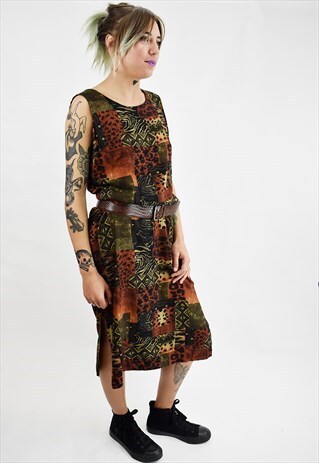 VINTAGE 90'S AZTEC AND ANIMAL PRINT MIDI DRESS
