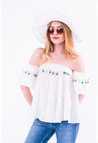 FRILL OFF SHOULDER MULTICOLOR TASSELLED TRIM COTTON CROP TOP