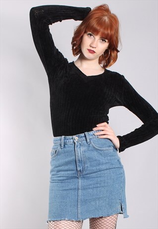 VINTAGE 90S BLACK SOFT FEEL RIBBED KNIT JUMPER TOP