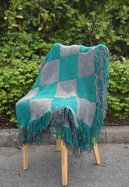 Handmade Vintage Knitted Blanket With Fringed Edges 
