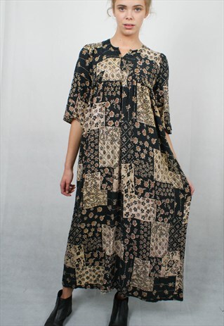 VINTAGE 1970S PATTENERED BOHO MAXI DRESS
