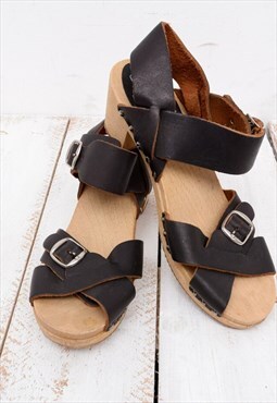 Vintage MOHEDA  Leather Heels Swedish Ankle Straps Open Clog