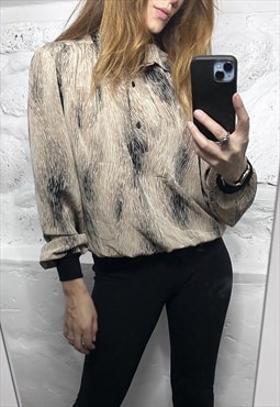 80s Brown Abstract Bomber Top / Blouse - M