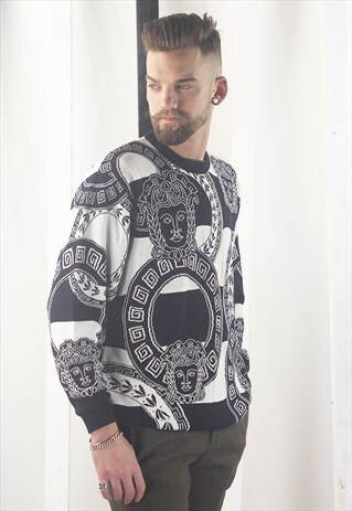 VINTAGE 90S JAEGER BLACK AND NAVY VERSACE PRINT JUMPER SWEAT