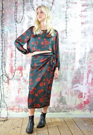 WRAP SKIRT & LONG SLEEVE TOP IN SILKY FLOWER PRINT
