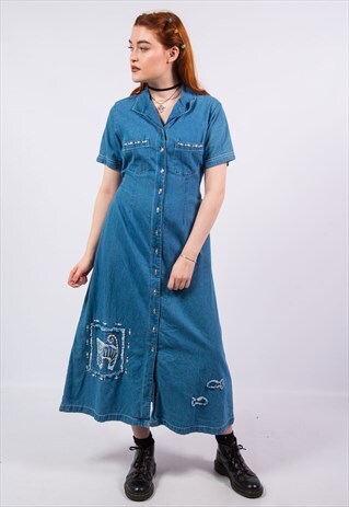 VINTAGE 90'S DENIM EMBROIDERED MIDI DRESS