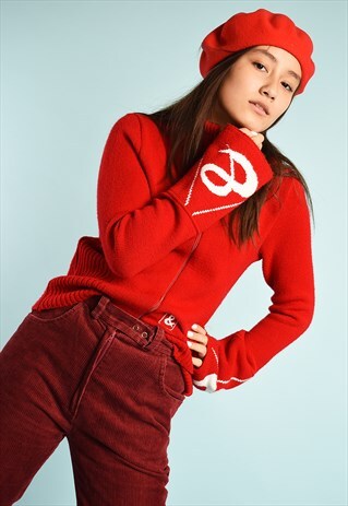 VINTAGE 70'S RETRO FLARE SLEEVE Q LOGO PATTERN KNIT CARDIGAN